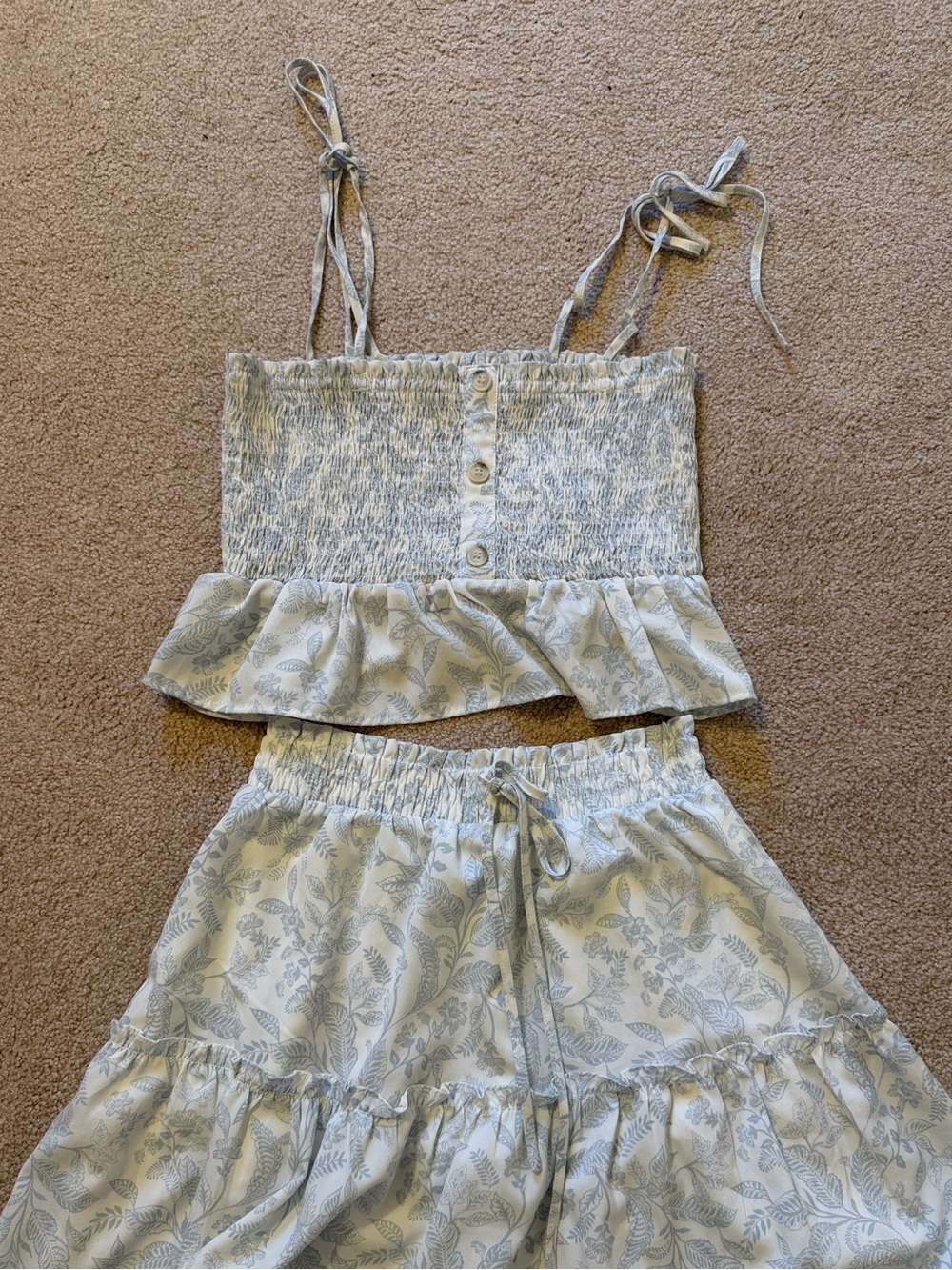 Paper Crane Light Blue and White Floral Two-Piece Crop Top and Skirt Set